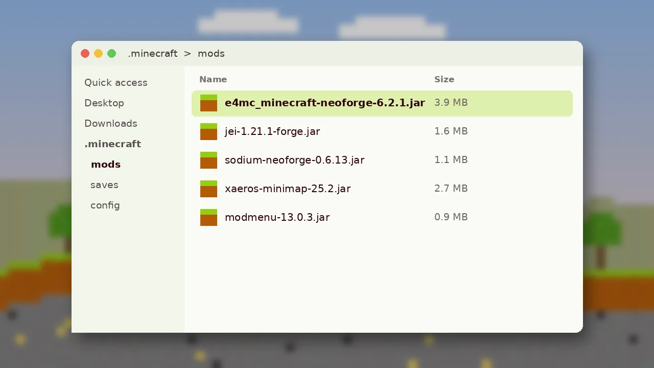 Mods folder showing the e4mc NeoForge jar next to other mods