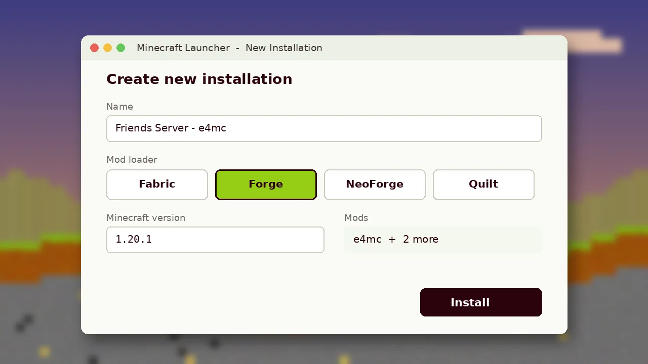 Minecraft launcher with Forge loader selected for Minecraft 1.20.1