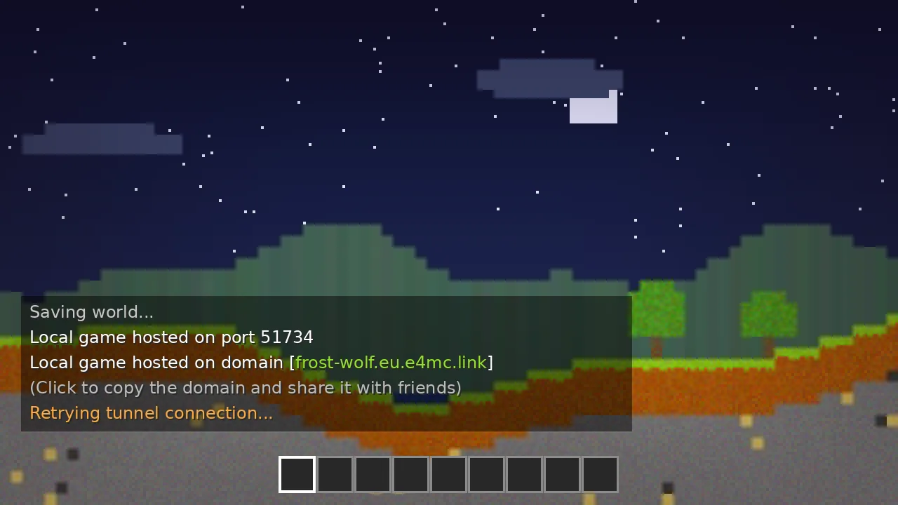 Minecraft chat showing e4mc retrying the tunnel connection at night