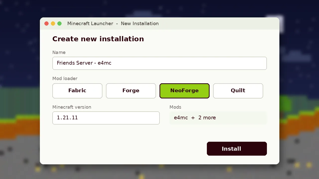 Launcher installation screen with NeoForge selected for Minecraft 1.21.11