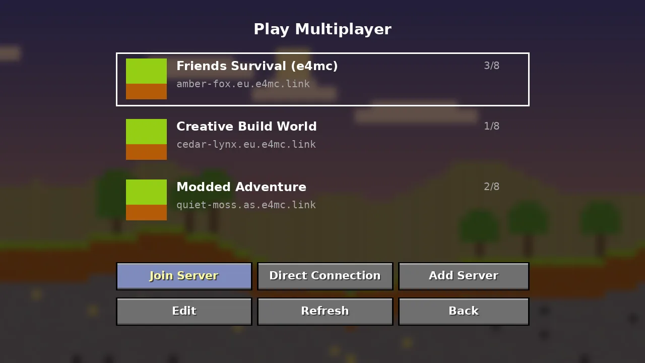 Minecraft multiplayer server list with an e4mc domain selected