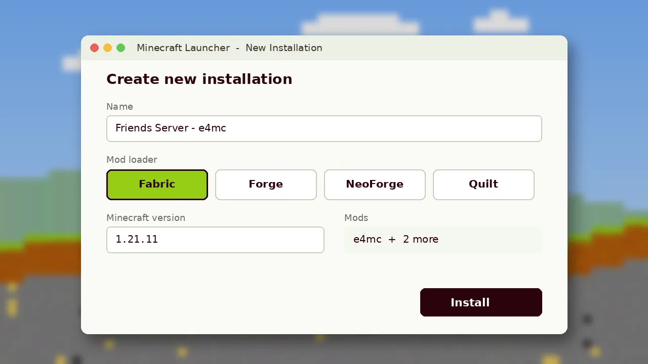Minecraft launcher new installation screen with Fabric loader selected for e4mc
