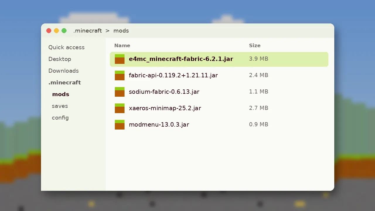 Minecraft mods folder showing the e4mc Fabric jar file selected