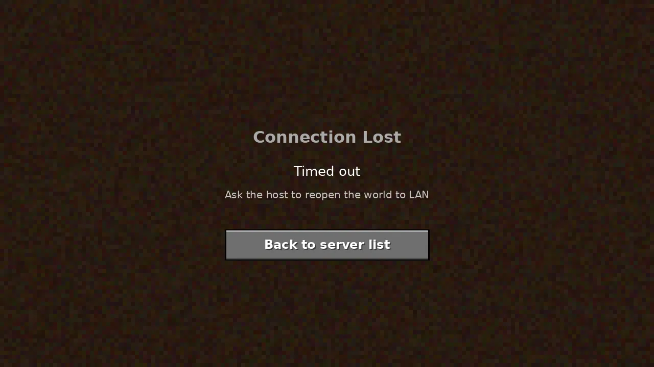 Minecraft connection timed out screen with a fix hint