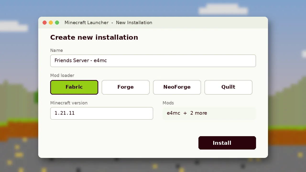Launcher installation screen with mod loader options