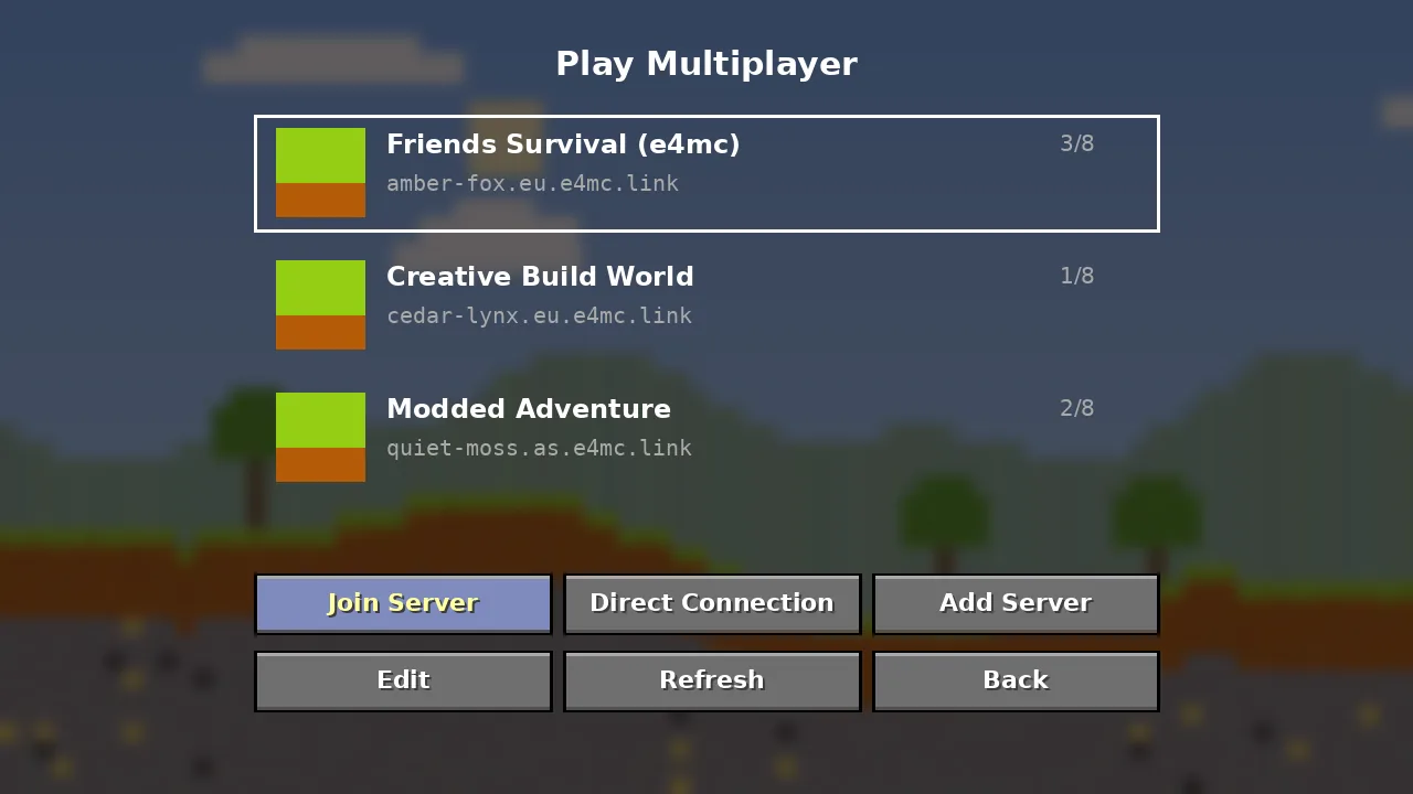 Multiplayer server list with an e4mc domain saved