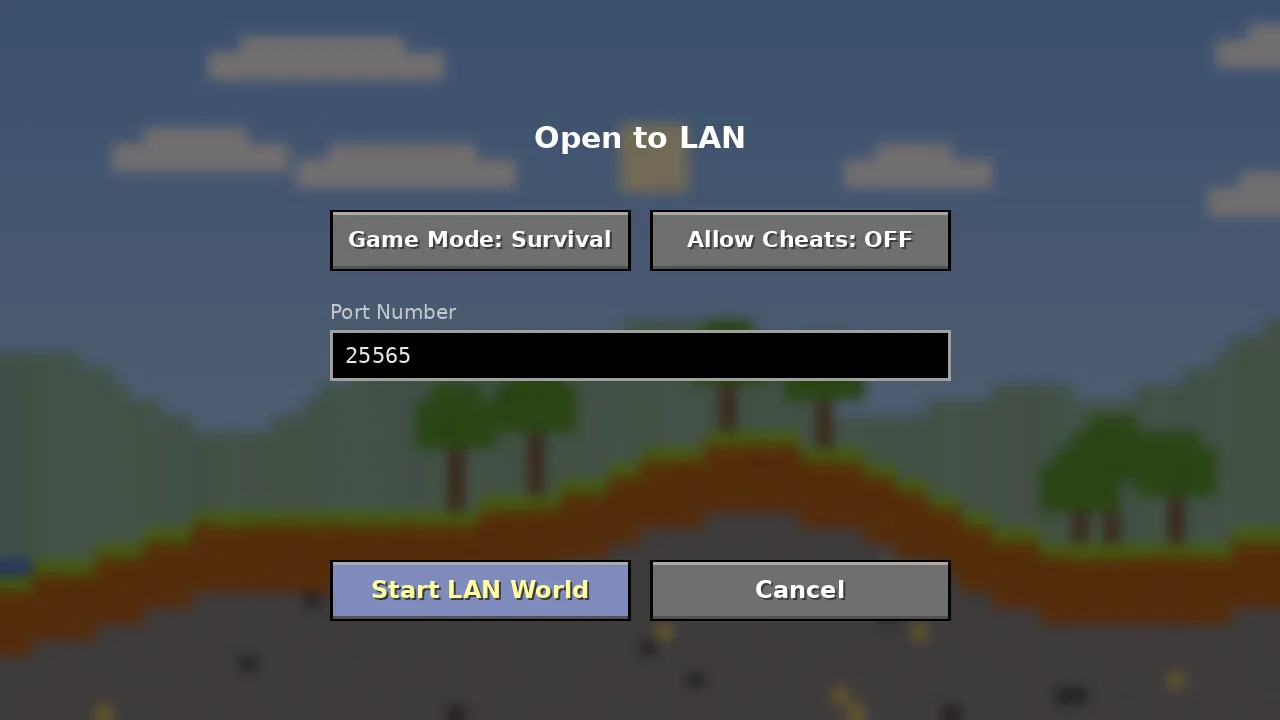 Minecraft Open to LAN screen used to start an e4mc session